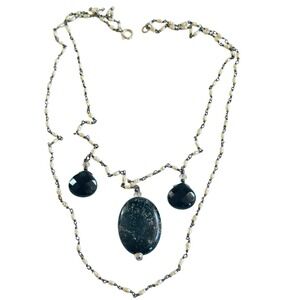 VTG Black Obsidian Seed Pearl Gemstone Necklace Sterling Silver 925 multi strand